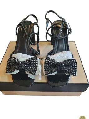 BCBGeneration Black Rhinestone Bow Strappy Heels